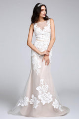 Romantic Mermaid Wedding Dresses Bateau Tulle Floral Lace Straps Boho Sexy Bridal Gowns with Sweep Train