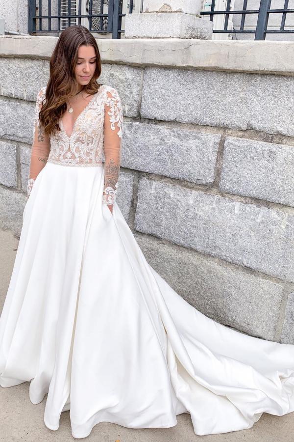 Romantic Soft Lace Wedding Dress Long Sleeves Aline Bridal Dress with V-Neck | Suzhoufashion suzhoufashion Romantic Soft Lace Wedding Dress Long Sleeves Aline Bridal Dress with V-Neck | Suzhoufashion suzhoufashion