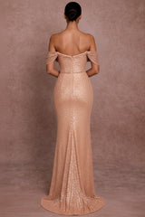 Rose Gold Sequin Mermaid Prom Dress with Off Shoulder Cowl Neckline
