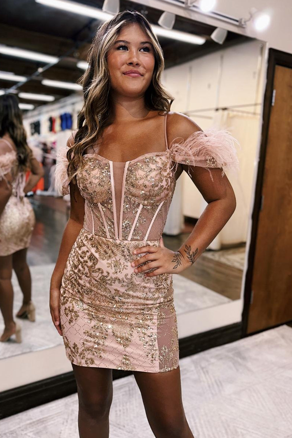 Rose Golden Homecoming Dress Corset Sequin Tight Short Prom Dress with Feather Suzhoufashion Rose Golden Homecoming Dress Corset Sequin Tight Short Prom Dress with Feather Suzhoufashion