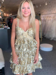 Rosette Sequin Baby Doll Short Homecoming Party Dress