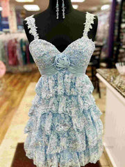 Rosette Sequin Baby Doll Short Homecoming Party Dress