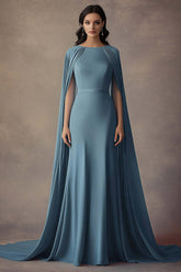 Round Neck Long Ruched Grey Blue Wedding Guest Dress Formal Dress With Shawl
