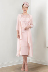 Round Neck Mother of the Bride Sheath Column Dress with Applique & Jacket