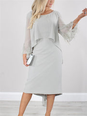 Round Neck Tea Length Mother of the Bride Dress with Tassels and Long Sleeves