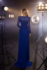 Royal Blue Beaded Prom Dress with Long Sleeves and Side Slit