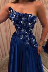 Royal Blue Chiffon A Line Prom Dress with 3D Floral Bodice