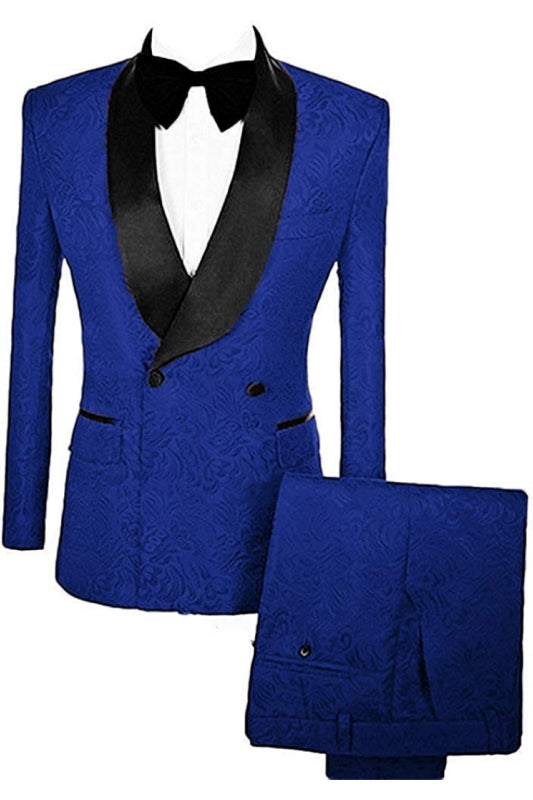 Royal Blue Double Breasted Jacquard Wedding Suit with Velvet Lapel