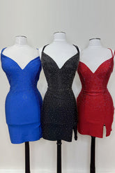 Royal Blue Homecoming Dresses Beaded Back Butterflied Tight Short Cocktail Dresses
