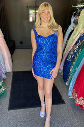 Royal Blue Homecoming Dresses Corset Sequin Short Tight Prom Dress