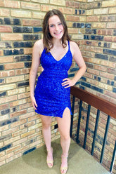 Royal Blue Homecoming Dresses Criss-Cross Straps Back Tight Short Sequin Prom Dress