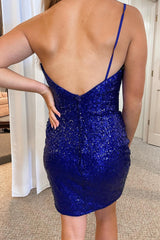 Royal Blue Homecoming Dresses Glitter One Shoulder Tight Prom Dress