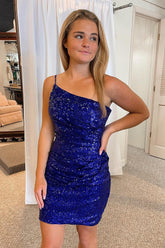 Royal Blue Homecoming Dresses Glitter One Shoulder Tight Prom Dress