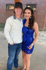 Royal Blue Homecoming Dresses Mirror One Shoulder Tight Prom Dress With Feathers