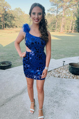 Royal Blue Homecoming Dresses Mirror One Shoulder Tight Prom Dress With Feathers