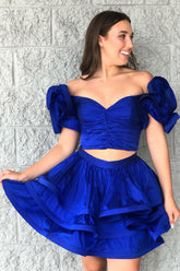 Royal Blue Homecoming Dresses Off The Shoulder A Line Tiered Short Cocktail Dresses