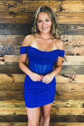 Royal Blue Homecoming Dresses Off The Shoulder Corset Tight Short Cocktail Dresses