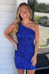 Royal Blue Homecoming Dresses Open Back One Shoulder Sequin Tight Short Hoco Dress