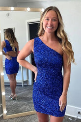 Royal Blue Homecoming Dresses Open Back One Shoulder Sequin Tight Short Hoco Dress