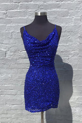 Royal Blue Homecoming Dresses Ruched Tight Short Sequin Prom Dress
