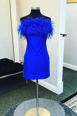 Royal Blue Homecoming Dresses Satin Tight Short Cocktail Dresses with Feathers