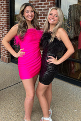 Royal Blue Homecoming Dresses Satin Tight Short Cocktail Dresses with Feathers