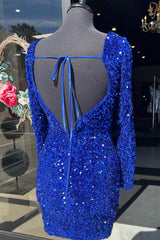 Royal Blue Homecoming Dresses Sequin Backless Short Cocktail Dresses With Long Sleeves