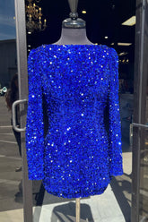 Royal Blue Homecoming Dresses Sequin Backless Short Cocktail Dresses With Long Sleeves