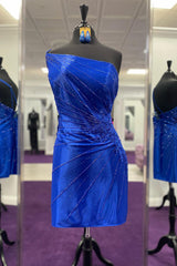 Royal Blue Homecoming Dresses Sequin One Shoulder Tight Short Cocktail Dresses with Lace