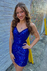 Royal Blue Homecoming Dresses Sequined Criss-Cross Straps Tight Short Cocktail Dresses