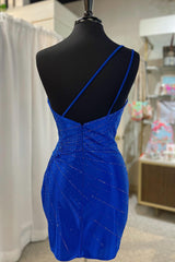 Royal Blue Homecoming Dresses Sequined One Shoulder Tight Short Cocktail Dresses with Appliques