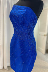 Royal Blue Homecoming Dresses Sequined One Shoulder Tight Short Cocktail Dresses with Appliques