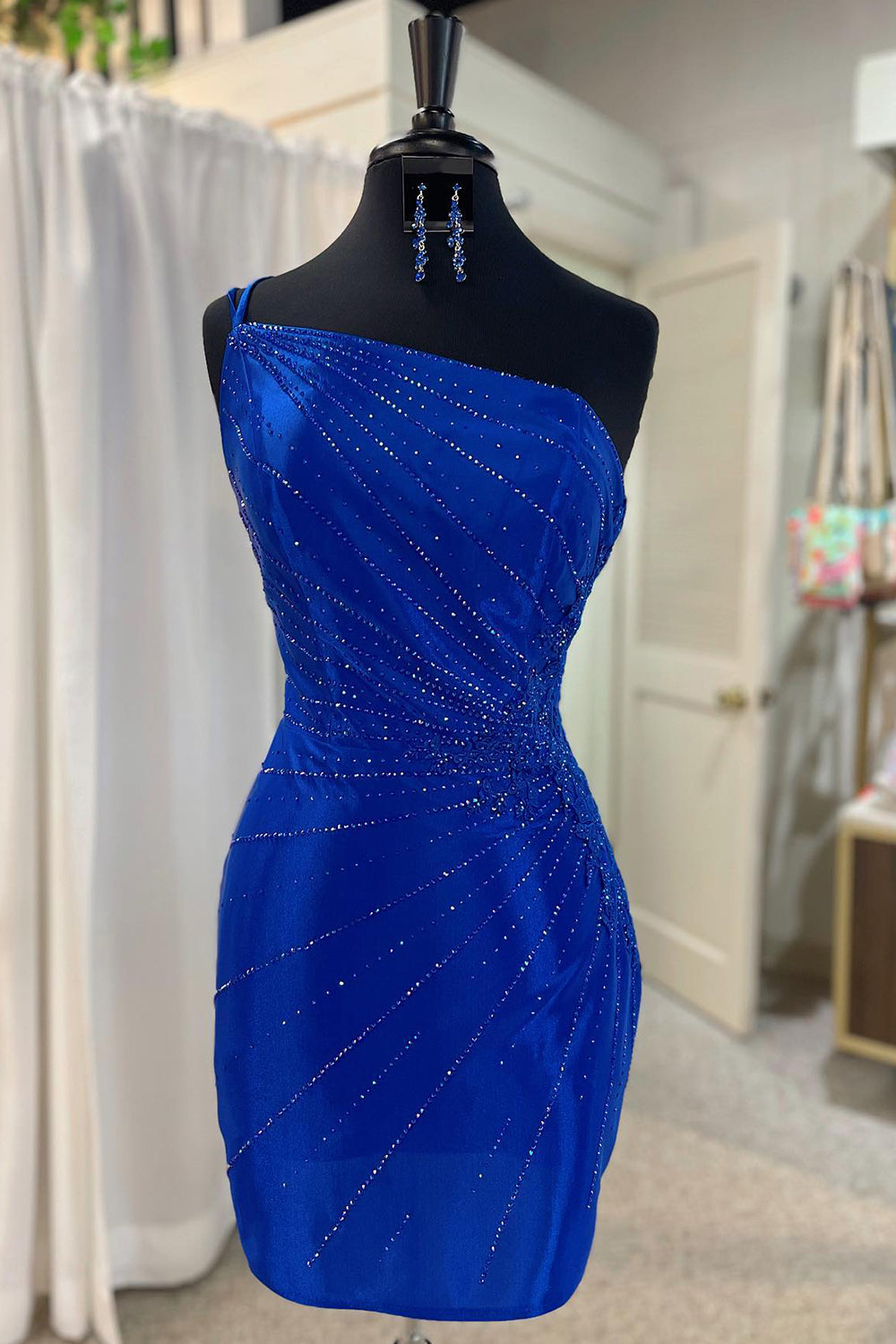 Royal Blue Homecoming Dresses Sequined One Shoulder Tight Short Cocktail Dresses with Appliques