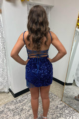 Royal Blue Homecoming Dresses Sequined Tight Prom Dress with Fringes