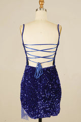 Royal Blue Homecoming Dresses Sequined Tight Prom Dress with Fringes
