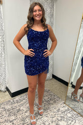 Royal Blue Homecoming Dresses Sequined Tight Prom Dress with Fringes