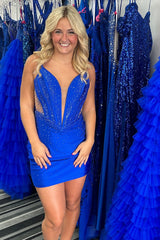 Royal Blue Homecoming Dresses Spaghetti Straps Tight Short Cocktail Dresses with Beadings