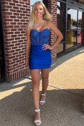 Royal Blue Homecoming Dresses Strapless Tight Corset Short Cocktail Dresses