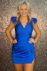 Royal Blue Homecoming Dresses V-Neck Tight Short Hoco Dress with Feathers