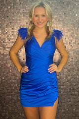 Royal Blue Homecoming Dresses V-Neck Tight Short Hoco Dress with Feathers