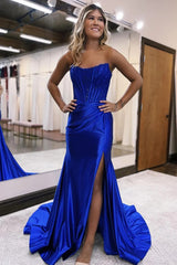Royal Blue Prom Dress Lace Mermaid Corset Long Formal Dress With Slit