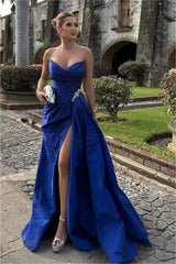 Royal Blue Prom Dress Strapless Sleeveless Deep V Neck Split Evening Formal Dress With Pleated