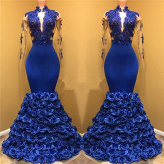 Royal Blue Rose Bottom Prom Dress | Long Sleeve Lace Mermaid Prom Gown BA7969