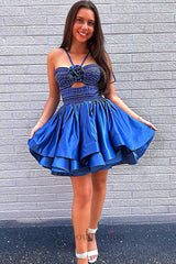 Royal Blue Ruffled Homecoming Dresses Halter Beaded Short Cocktail Dresses With 3D Flower