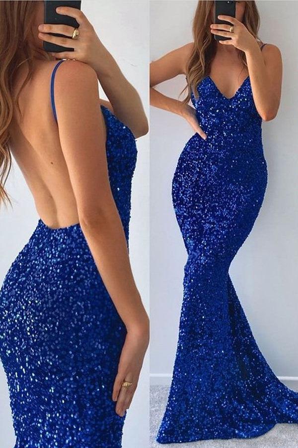 Royal Blue Sequins Mermaid Evening Dress V-Neck Sleeveless With Slit
