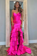 Mermaid Sage Prom Dress Sweetheart Corset Ruffled Long Formal Dress With Slit