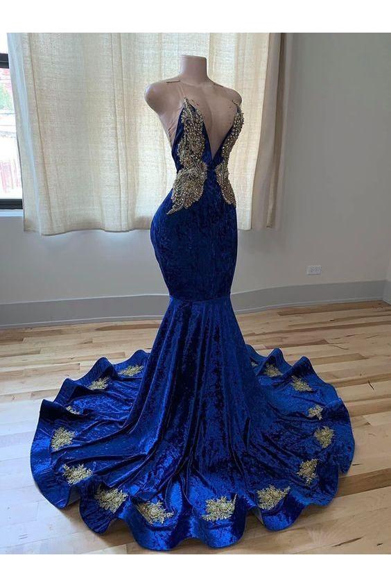 Royal Blue V-neck Spaghetti Straps Beading Sleeveless Floor-length Mermaid Prom Dresses