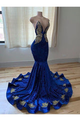 Royal Blue V-neck Spaghetti Straps Beading Sleeveless Floor-length Mermaid Prom Dresses