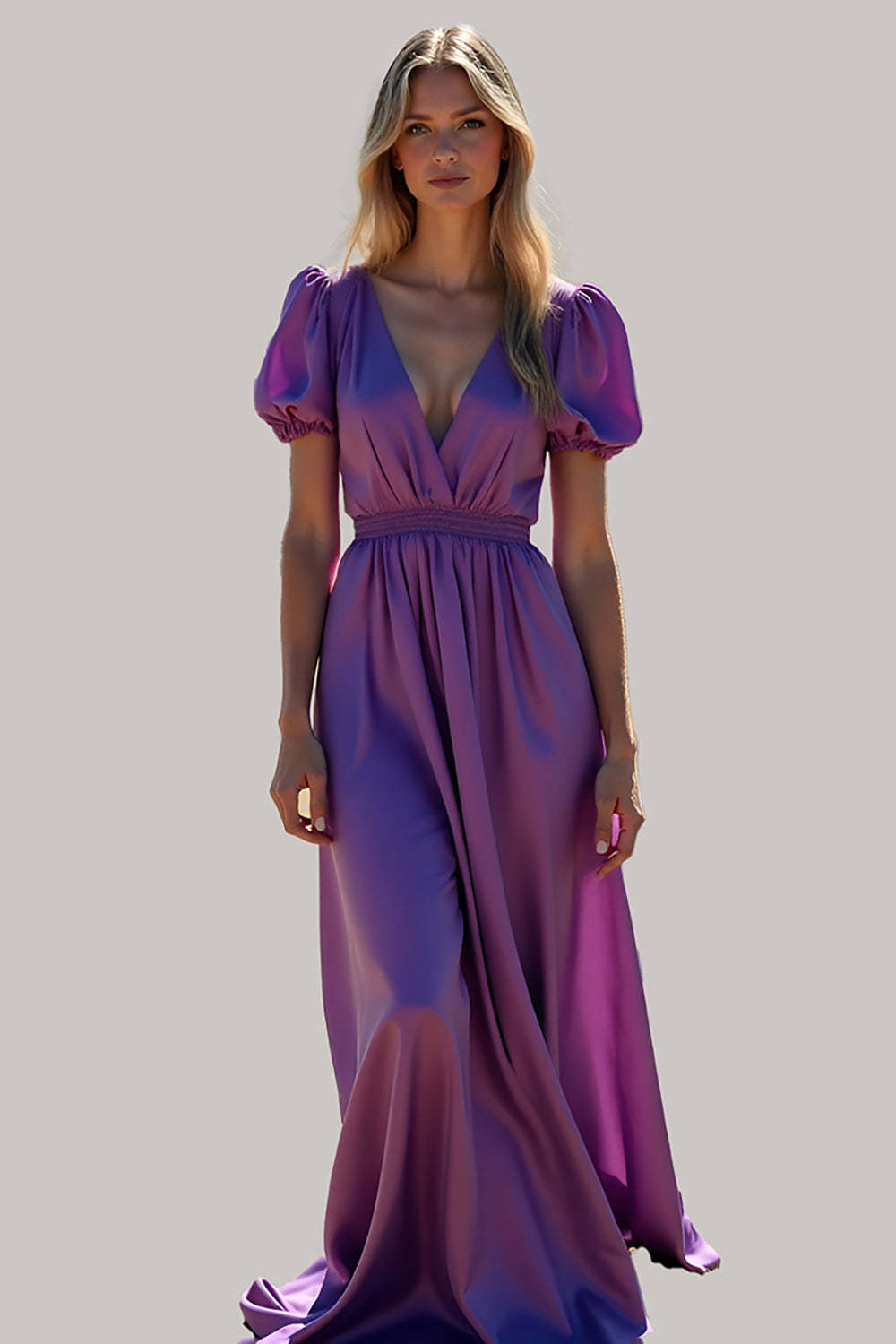 Suzhoufashion Ruched Long Backless Purple Wedding Guest Dress Formal Dress With Puff Sleeves Suzhoufashion Ruched Long Backless Purple Wedding Guest Dress Formal Dress With Puff Sleeves