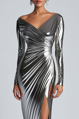Ruched Sheath Silver Metallic Satin Formal Dress With Slit